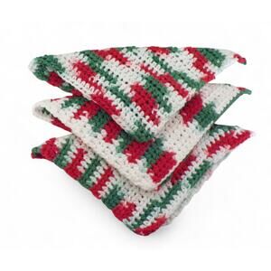 Handmade Crocheted Dishcloths Washcloths 3 Set 100% Cotton Christmas Colors